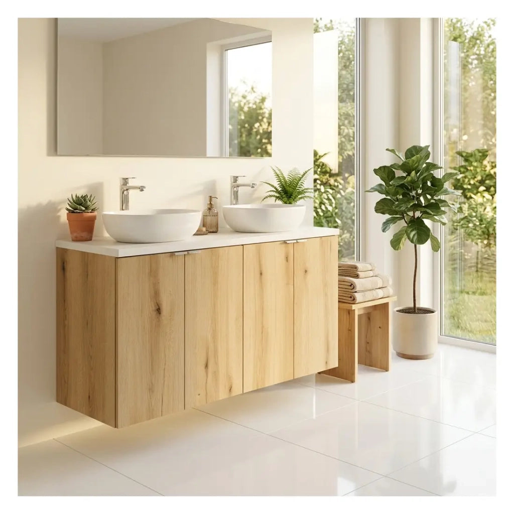 Set da bagno sospeso VANO in rovere e bianco 100cm: mobile sottolavabo con armadietti + piano per lavabo