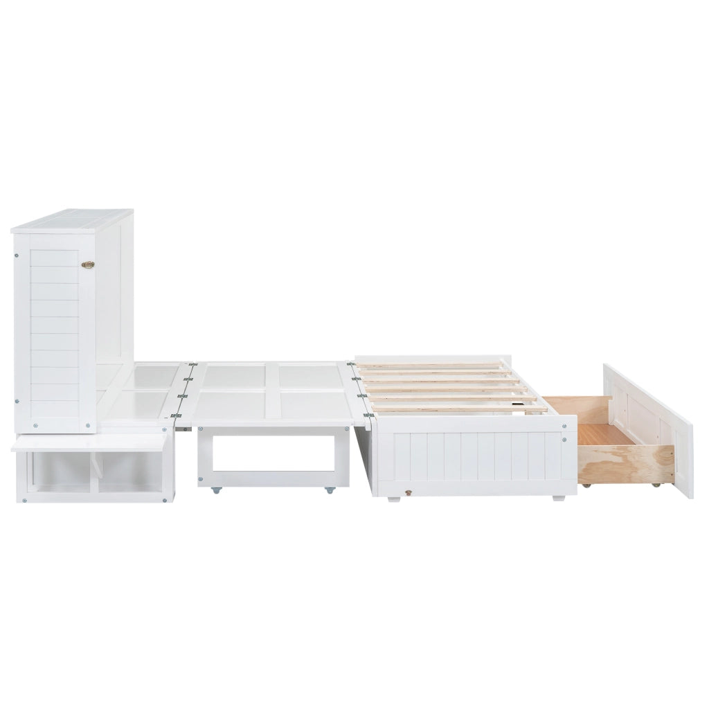 Letto a scomparsa 140x200 cm in pino e MDF; con cassetto e mensole laterali; bianco