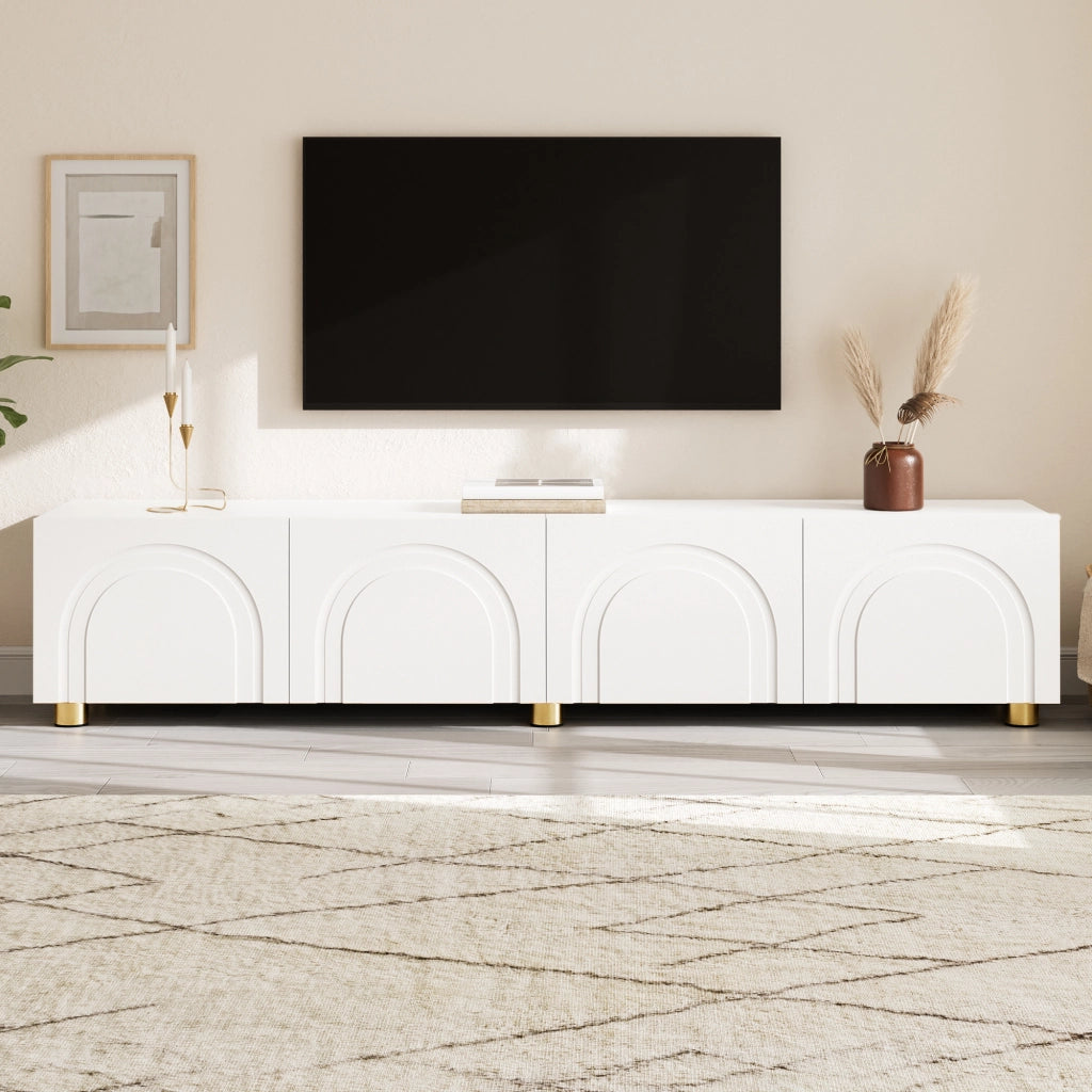 Mobile TV, mobile da ingresso, ante con rilievi curvi, gambe di sostegno in metallo, bianco