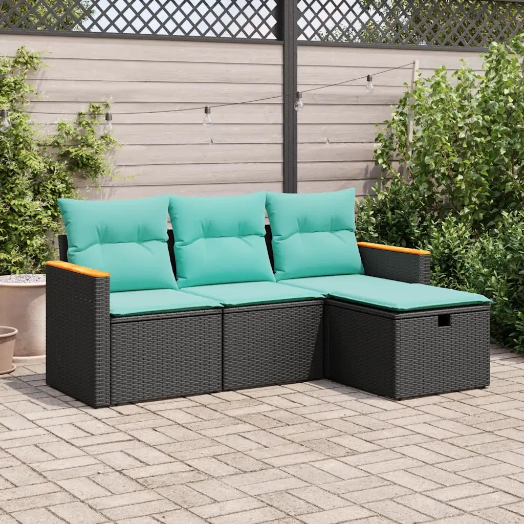 Set Divani da Giardino 4 pz | Set Salotto da Giardino con Cuscini Nero in Polyrattan