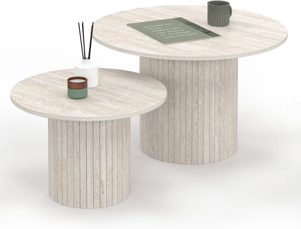 Set di 2 tavolini estraibili Juliette tondi 50/70 effetto stecche travertino
