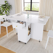Tavolo da pranzo pieghevole con ripiani aperti, 2 cassetti e ruote, per cucina e soggiorno, bianco, 120 × 75 × 75 cm