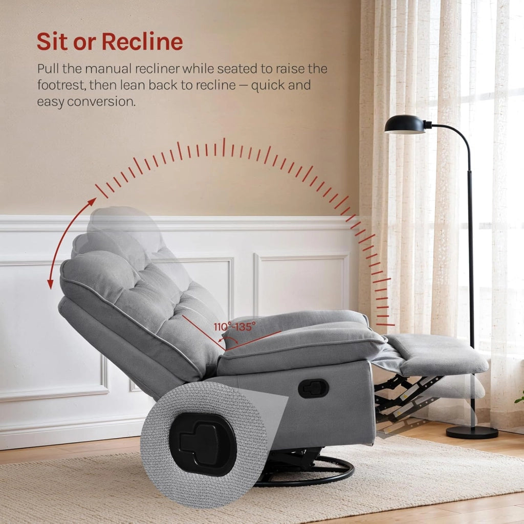 Poltrona Relax Reclinabile Manuale, Girevole e Dondolante, Poltrona con Poggiapiedi Pieghevole e Scomparto Laterale, Tessuto Effetto Lino, per Soggiorno, Grigio Scuro