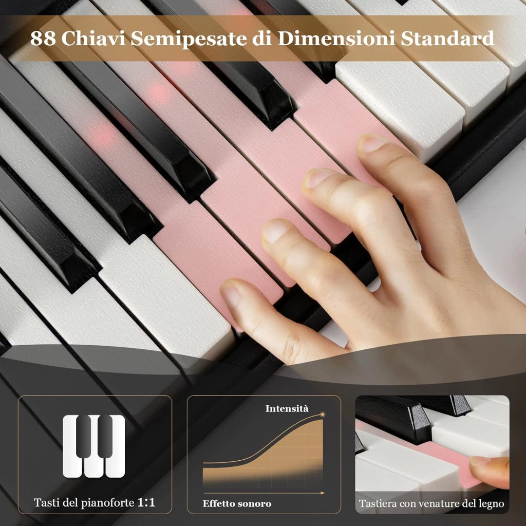 Tastiera Elettronica 88 Tasti Illuminati, Pianoforte Digitale Pieghevole Portatile con Custodia, Sustain Pedali, Modalità di Insegnamento, MP3/USB/MIDI/Bluetooth (Nero)