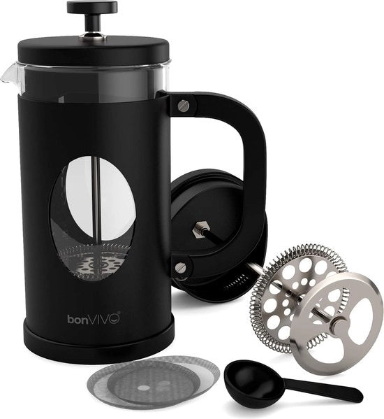 Apparecchio per la preparazione del caffè con stoviglie in vetro e struttura e filtro in acciaio inossidabile