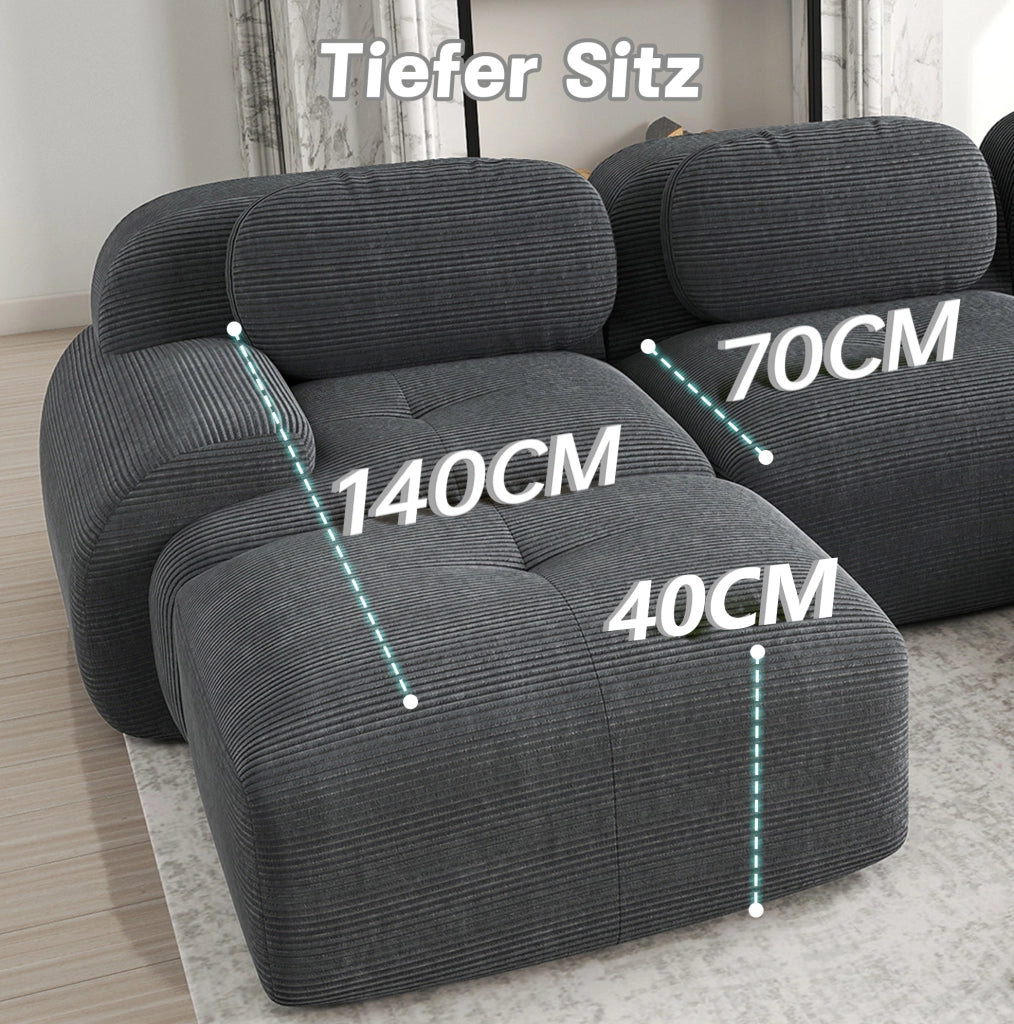 Divano angolare modulare senza montaggio in velluto a coste grigio; design ergonomico e struttura senza telaio