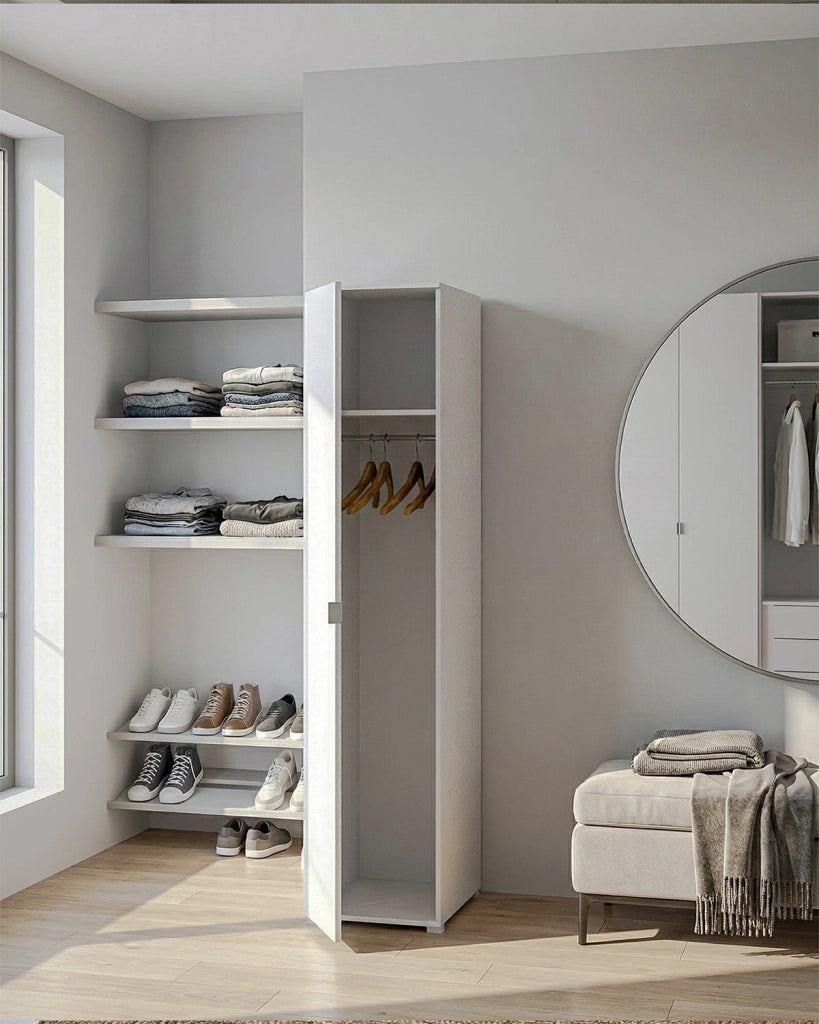 Armadio Banyan - Guardaroba moderno - 1 anta - Struttura bianca - 1 ripiano incluso - 40 x 52 x 177 cm_