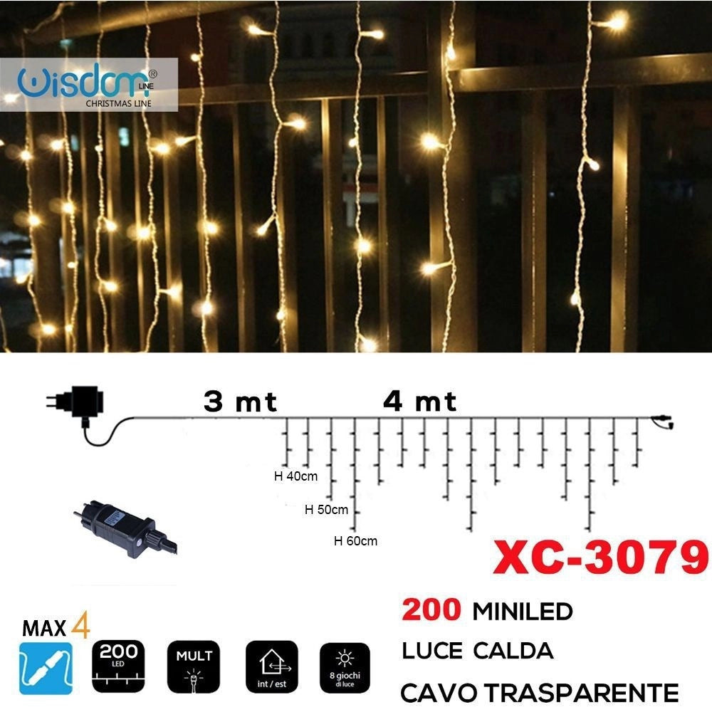 Trade Shop - Tenda Luminosa Natalizia 200 Mini Led Luce Calda Cavo Trasparente Xc-3079 -