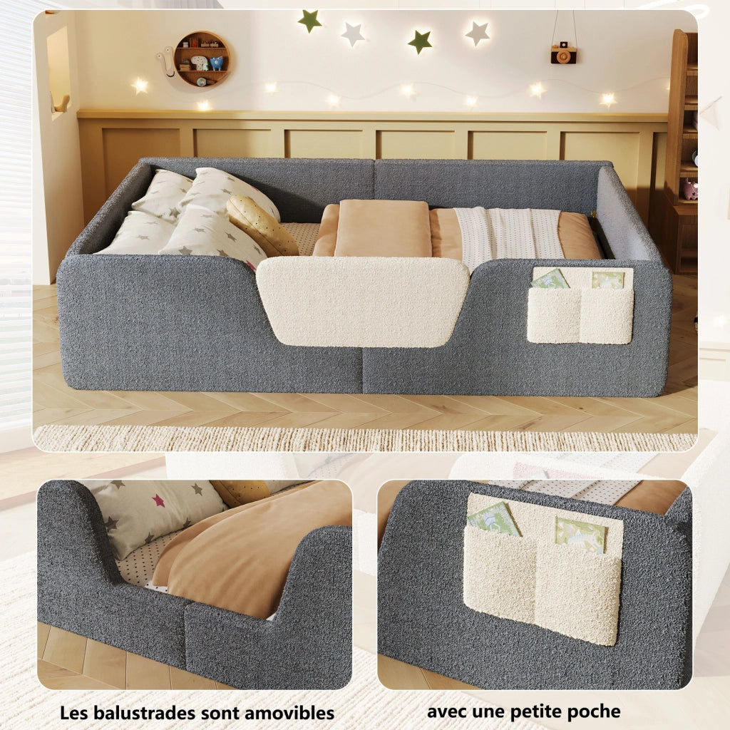 Letto per bambini 140×190 cm con sponde removibili e tasca portaoggetti; senza materasso; velluto; grigio