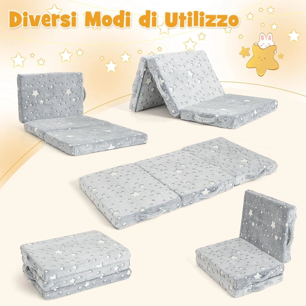 Divano Pieghevole 3 in 1, Tappetino per Bambini Brilla al Buio con Copertura Rimovibile e Lavabile in Lavatrice, Materasso a 3 Pieghe per Soggiorno e Cameretta, Grigio