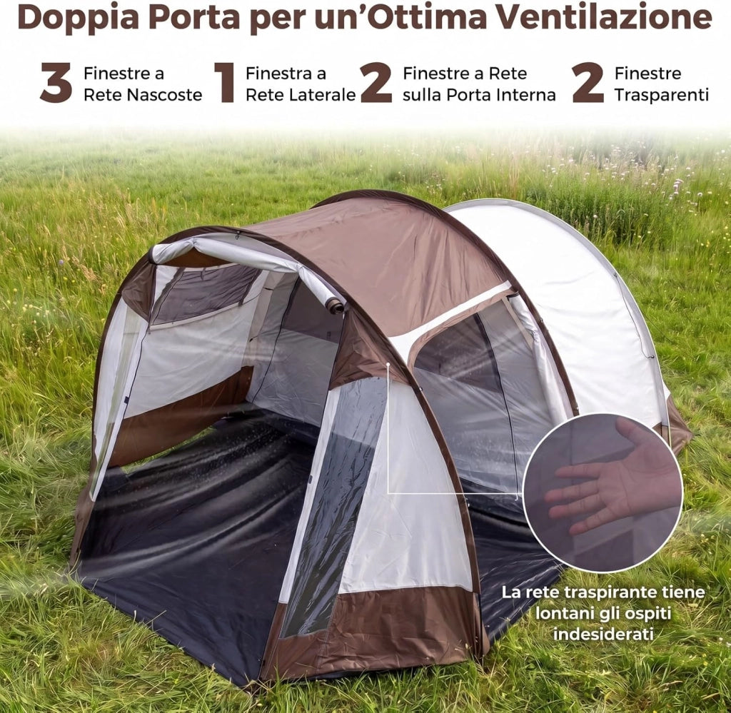 Tenda da Campeggio per 4-6 Persone, Tenda a Tunnel Familiare Impermeabile con 2 Stanze, Finestre Ventilata, Picchetti e Borsa da Trasporto, per Campeggio e Viaggi, 450 x 330 x 202 cm