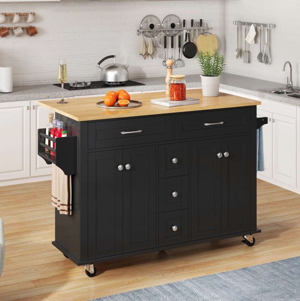Carrello da cucina estensibile con piano ribaltabile; cassetti e ruote; MDF nero naturale