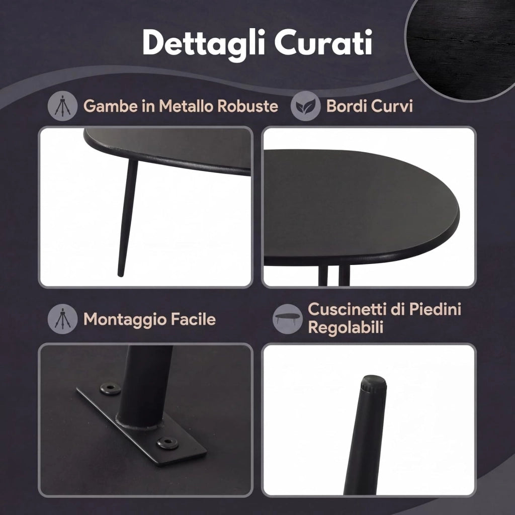 Tavolino da Caffè Mid-Century Moderno, Tavolino d'Accento Ovale Irregolare con Gambe in Metallo, Tavolino Compatto per Soggiorno, Ufficio Domestico, Angolo Lettura, Facile da Montare (Nero)