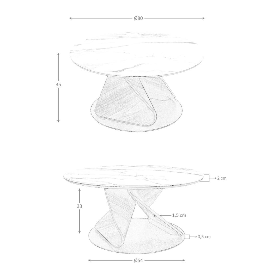 Tavolino da caffè rotondo in marmo porcellanato, noce e acciaio nero