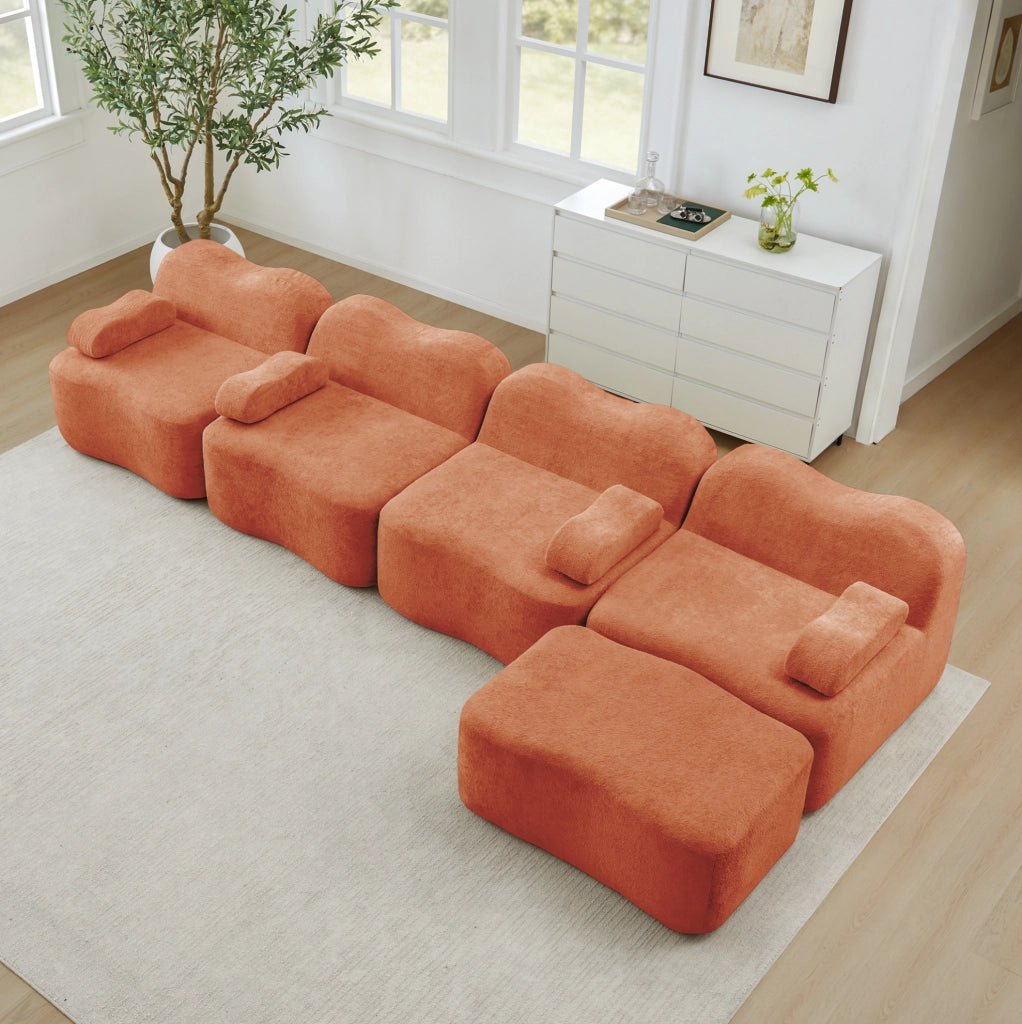 Divano angolare modulare 4 posti con ottomana 384x167x70 cm in velluto arancione