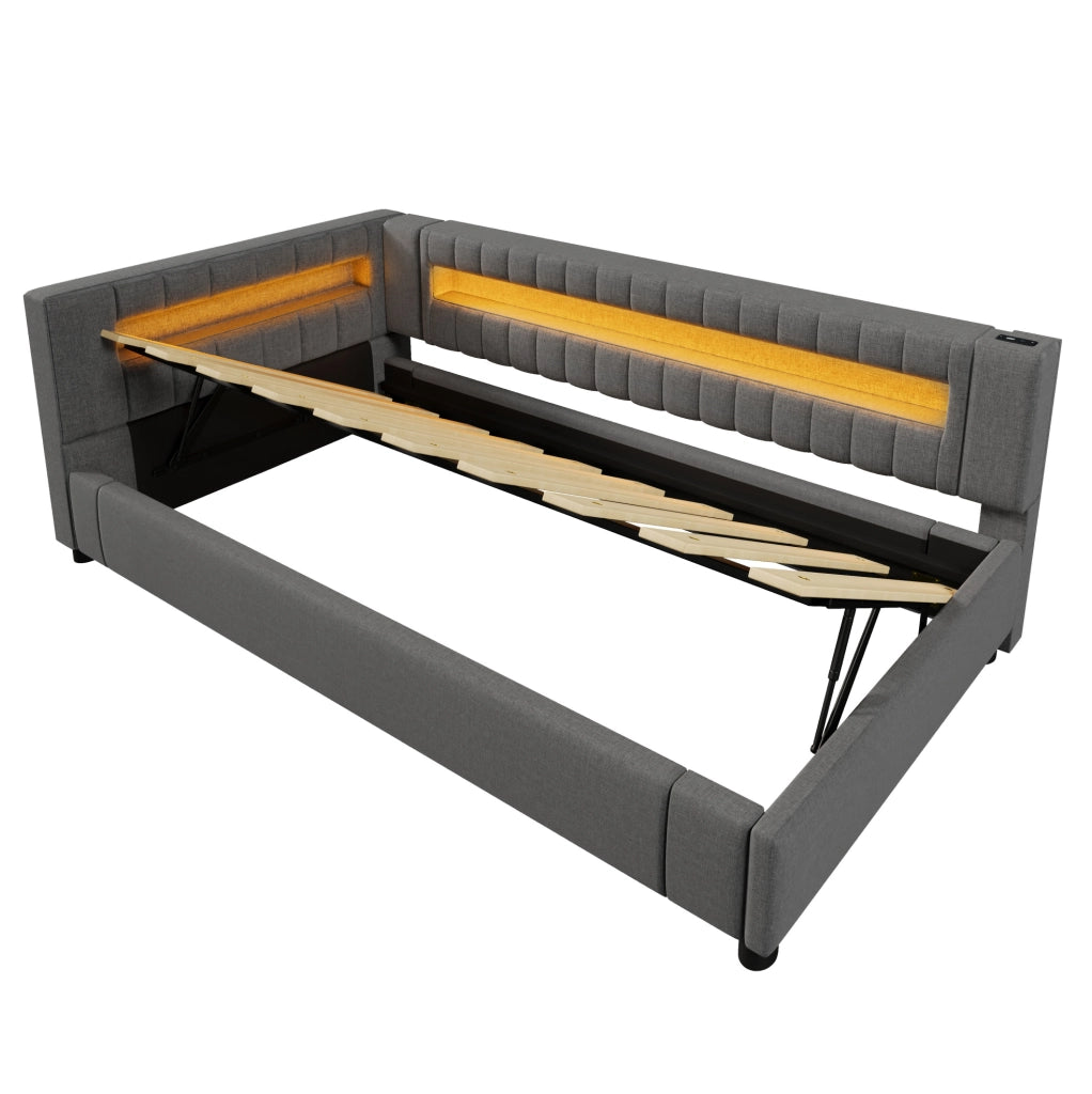 Letto daybed 90x200 cm in lino grigio con LED; contenitore idraulico; USB e Type-C