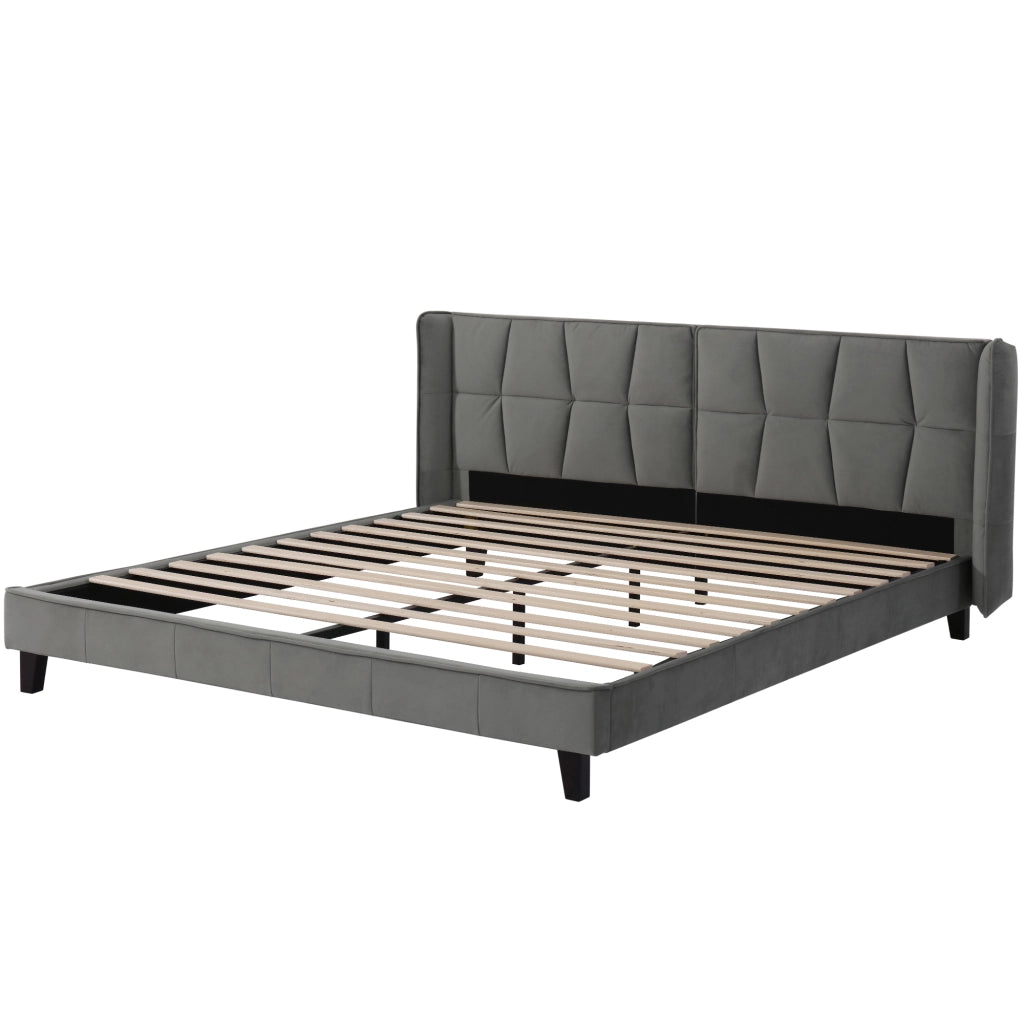Letto imbottito matrimoniale 180x200 cm in velluto grigio con rete a doghe e testiera alta