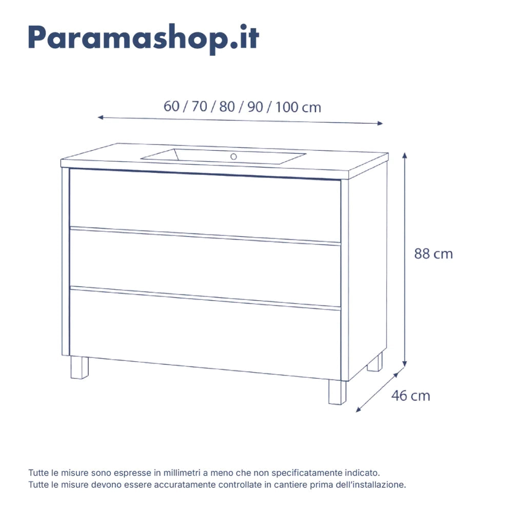 Mobile bagno a terra 100cm  tre cassetti push&pull rovere barok con lavabo bianco lucido | Yaku