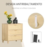Cassettiera a 3 Cassetti in Legno e Rattan Stile Boho Chic, 80x40x80cm