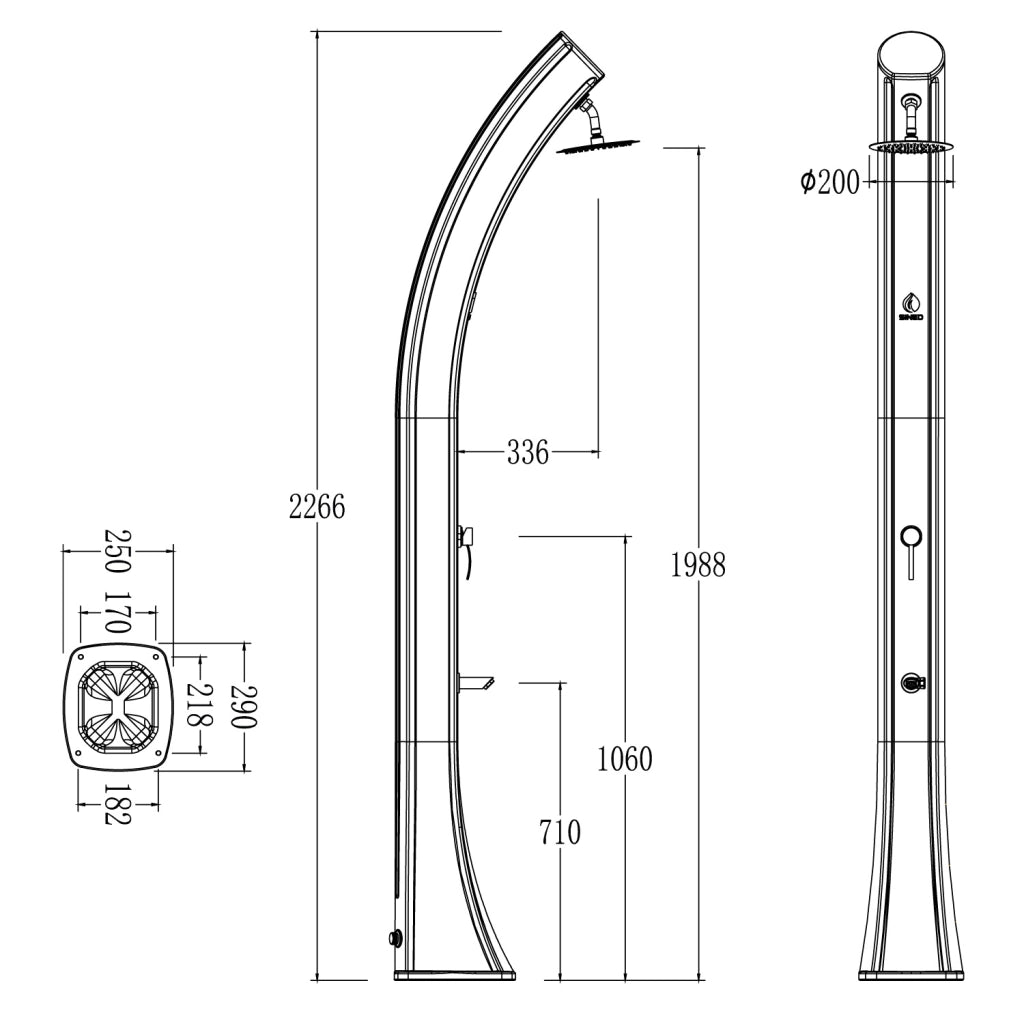 Sined Sole Xxl Doccia Solare Curva In Polietilene Hd Con Rubinetto e Lavapiedi Nero Serbatoio 40l Soffione Rotondo Rubinetto Lavapiedi Accessori In Metallo Colore Oro