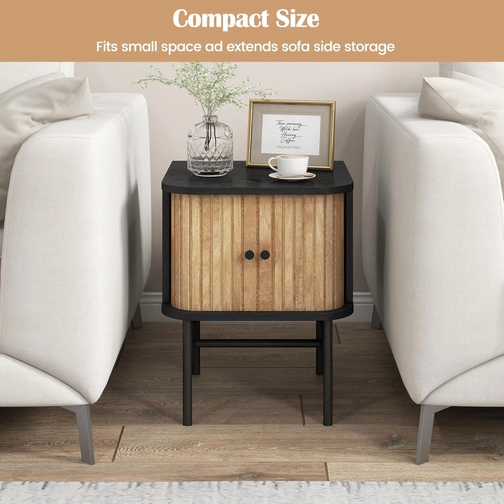 Tavolino comodino con ante scorrevoli, comodino in legno e gambe in metallo, piccolo comodino, comodino, comodino, tavolino da caffè, tavolo per soggiorno, camera da letto, 40 x 39 x 49 cm