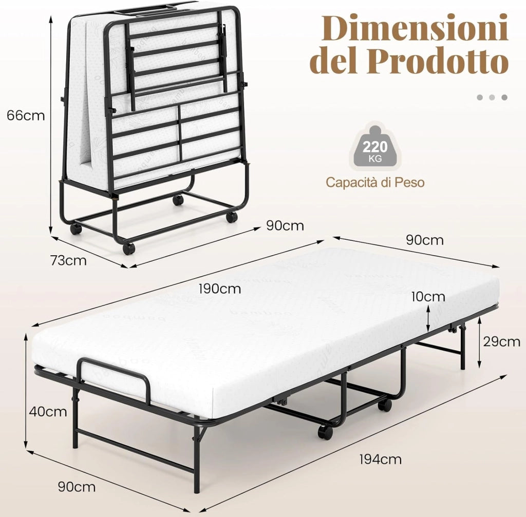 Brandina Pieghevole con Materasso, Letto Portatile per Ospiti con Telaio in Metallo Resistente, Letto Singolo con Ruote Bloccabili, 194x90 cm, Carico 220 kg