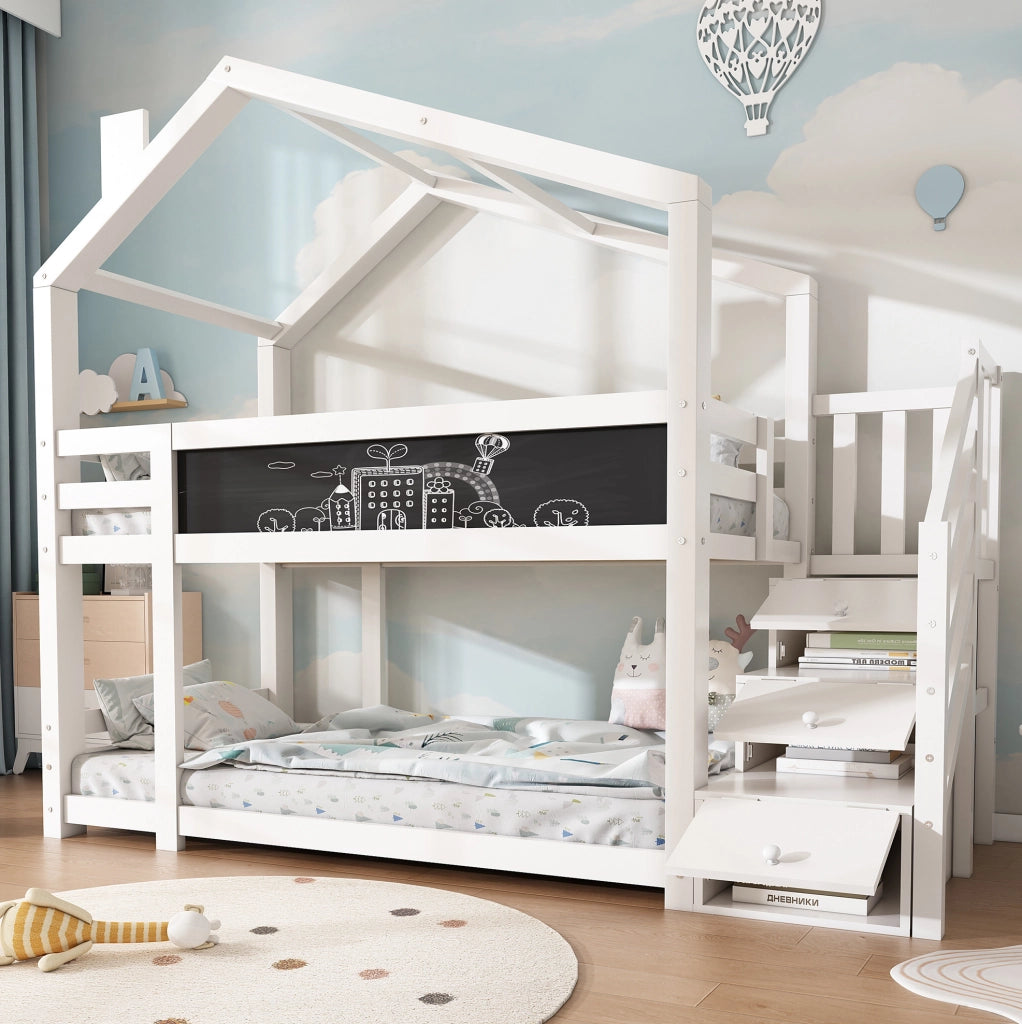 Letto a castello a casetta 90x200 cm bianco con lavagna