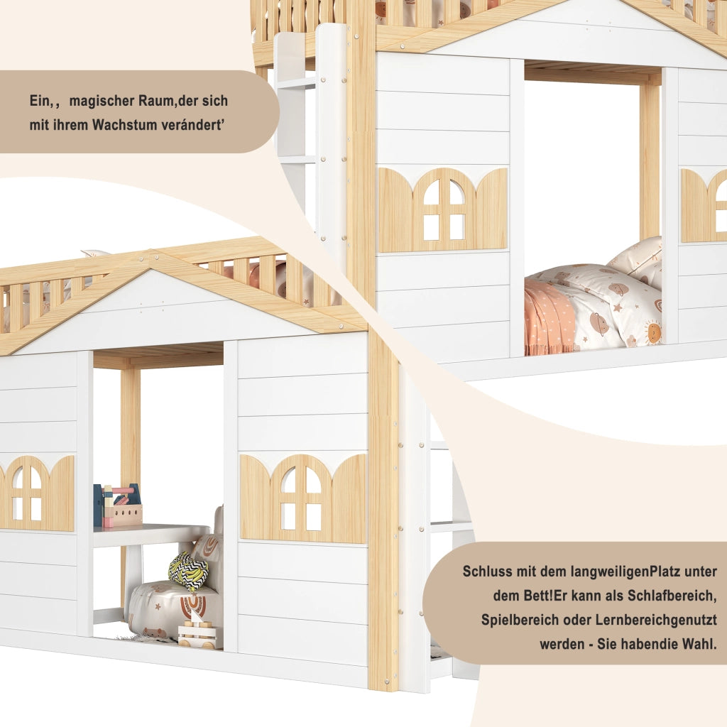 LETTO a soppalco per bambini 90x200 cm in pino bianco con finestra e rete a doghe