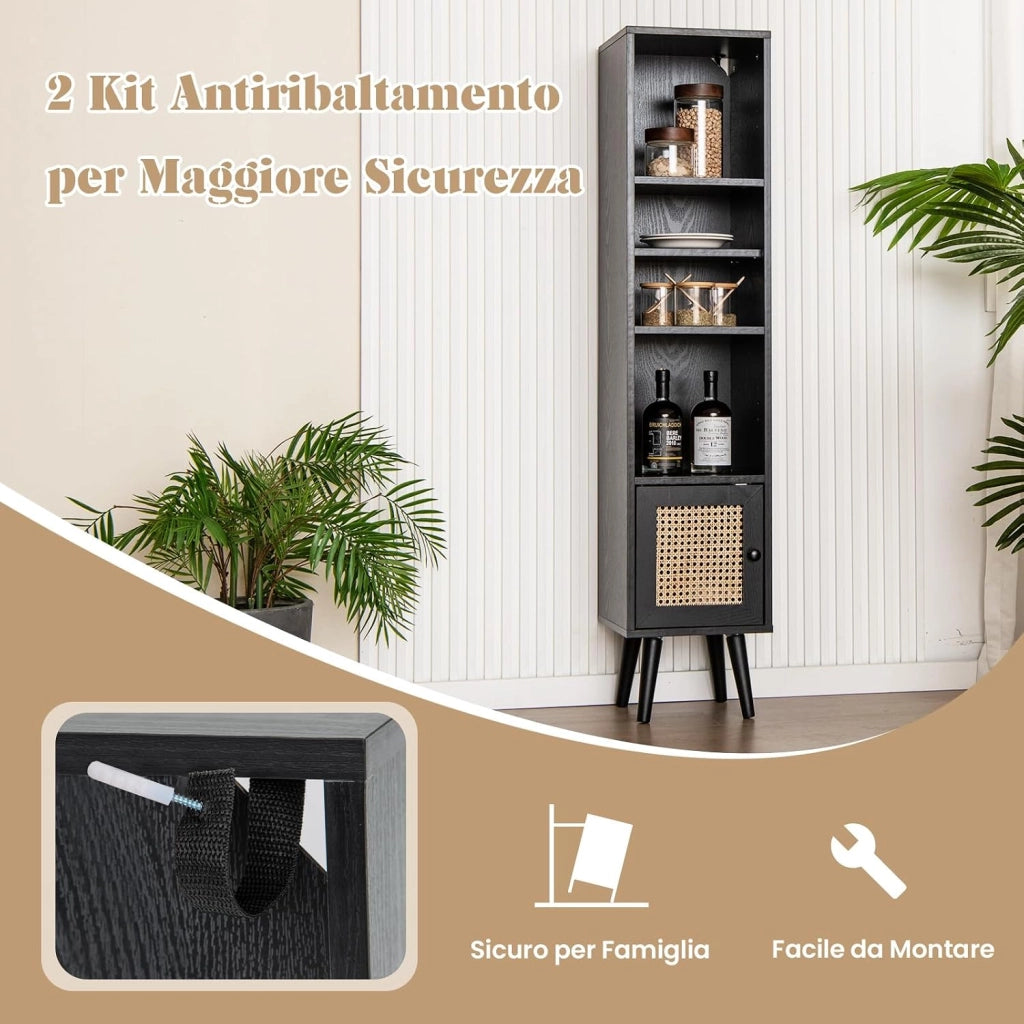 Libreria Scaffale con Anta in Rattan Naturale, Scaffale Legno in Stile Boho con 3 Ripiani Regolabili in 12 Posizioni, per Soggiorno Cucina e Camera da Letto, 29,5 x 29,5 x 137 cm (Nero)