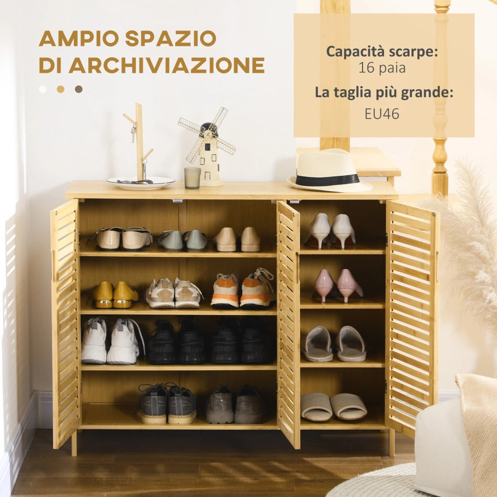 Mobile Scarpiera a 8 Ripiani su 3 Livelli con Maniglie 100x35x80 cm in Bambù