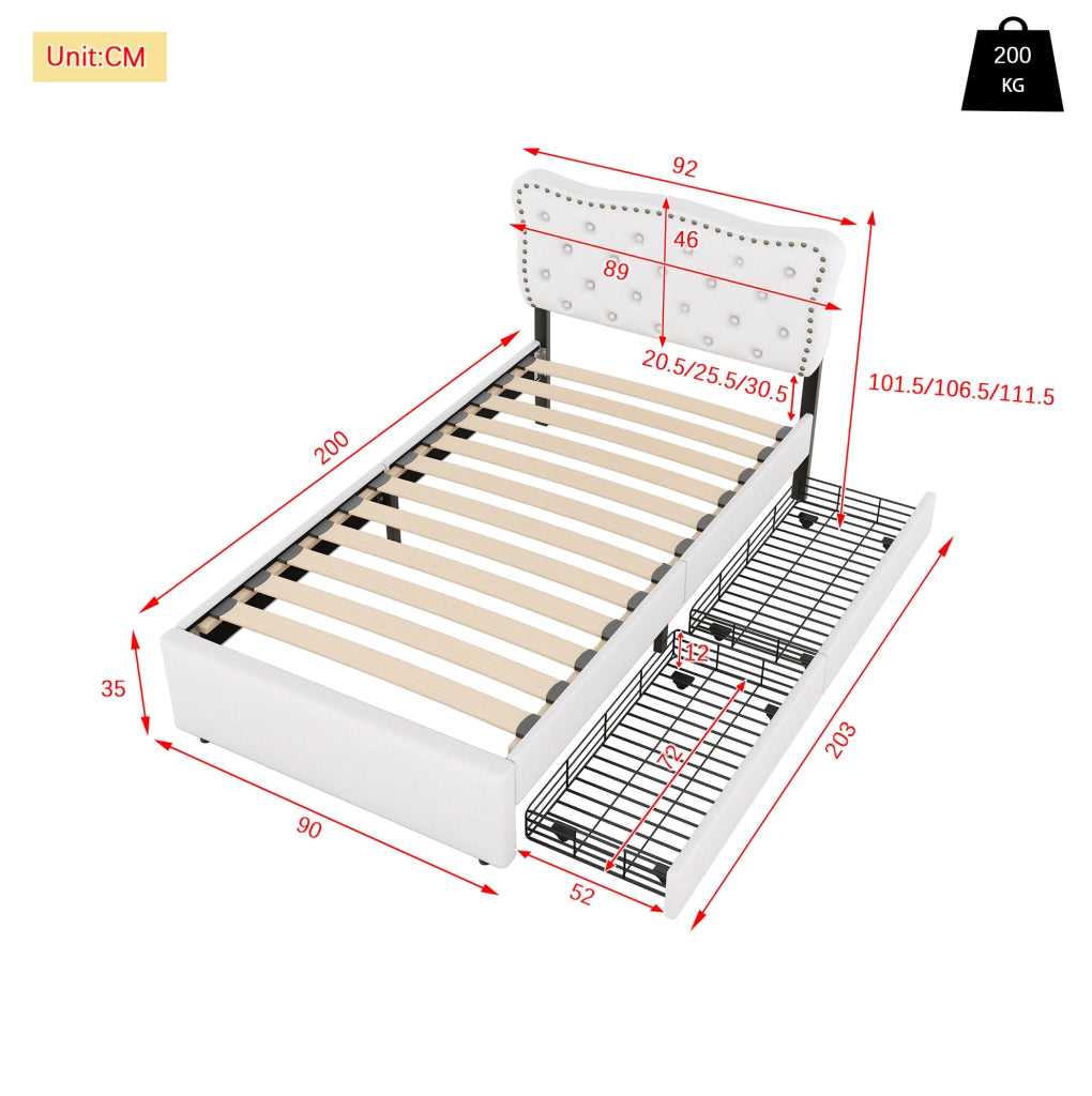 Letto imbottito 90x200 cm con cassetti; bottoni decorativi; MDF; beige chiaro