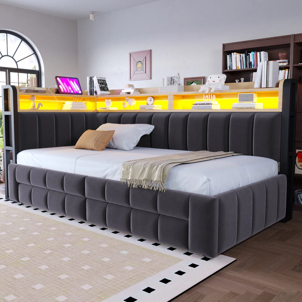 Divano letto 211x105x90 cm trasformabile in letto matrimoniale con cassetti in velluto grigio scuro
