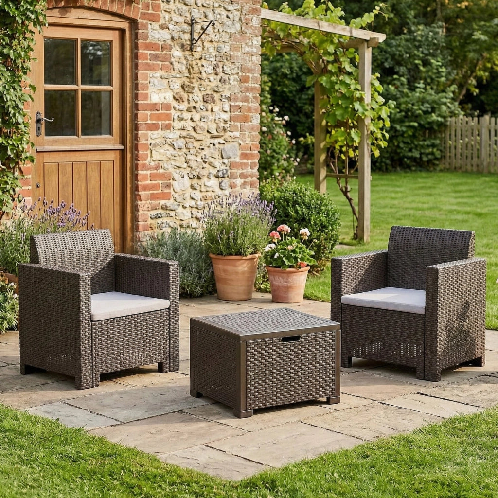 Set salotto da esterno Apis, Salottino outdoor, Set da balcone o giardino, Composizione soggiorno per esterni, Made in Italy, Tortora