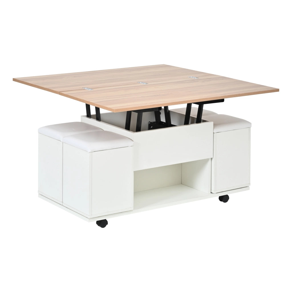 Tavolino da salotto, con altezza del piano regolabile, dotato di vano portaoggetti, trasformabile in tavolo da pranzo/scrivania, con rotelle, 4 sgabelli, bianco e color legno naturale