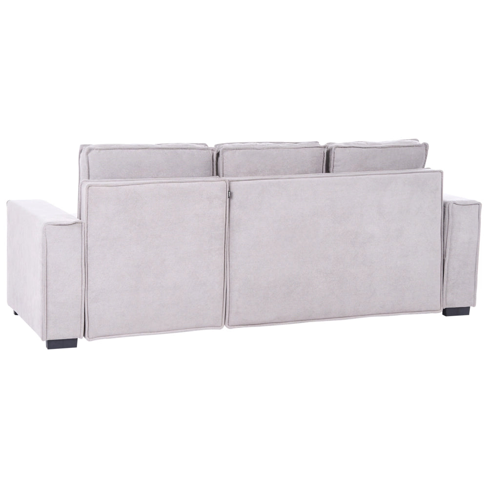 Divano letto angolare a 3 posti con rivestimento in tessuto grigio lato sinistro con braccioli contenitore reversibile stile moderno soggiorno