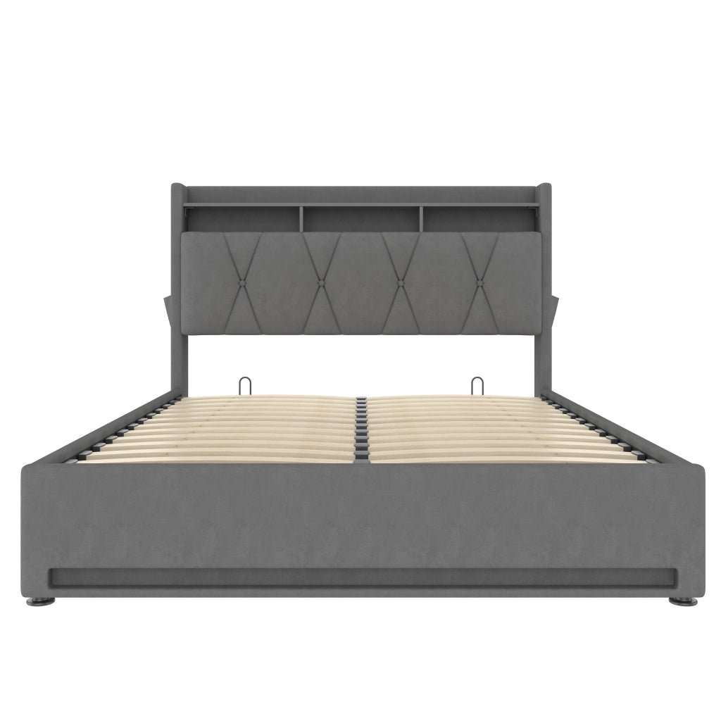 Letti contenitori imbottito 140x200 cm; testiera con ripiano e LED; velluto; grigio scuro (Senza materasso)