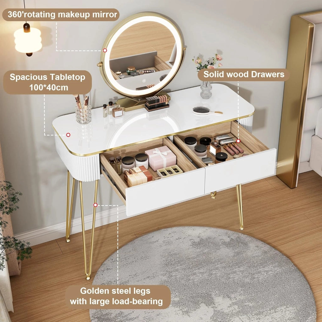 EUGAD Toeletta da Trucco con Luci LED, Luminosità Regolabile, Postazione Trucco con Specchio, 2 Cassetti in Legno, Piano Lucido 100x40 cm, Moderno, Bianco + Oro