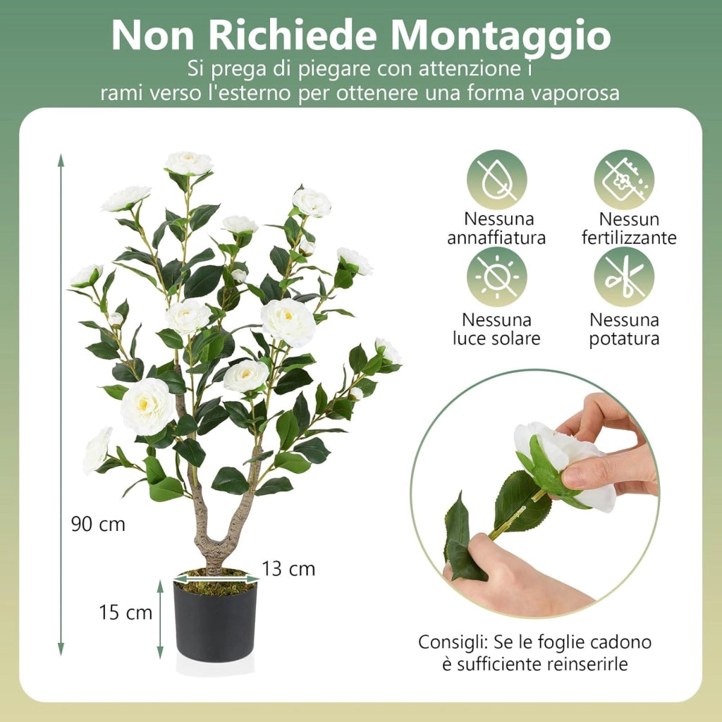 Albero di Camelia Artificiale 90 cm, Pianta Finta in Vaso con 16 Fiori Vivaci e 116 Foglie Vibranti, Pianta Decorativa per Soggiorno, Camera da Letto, Ufficio e Veranda (Bianco)