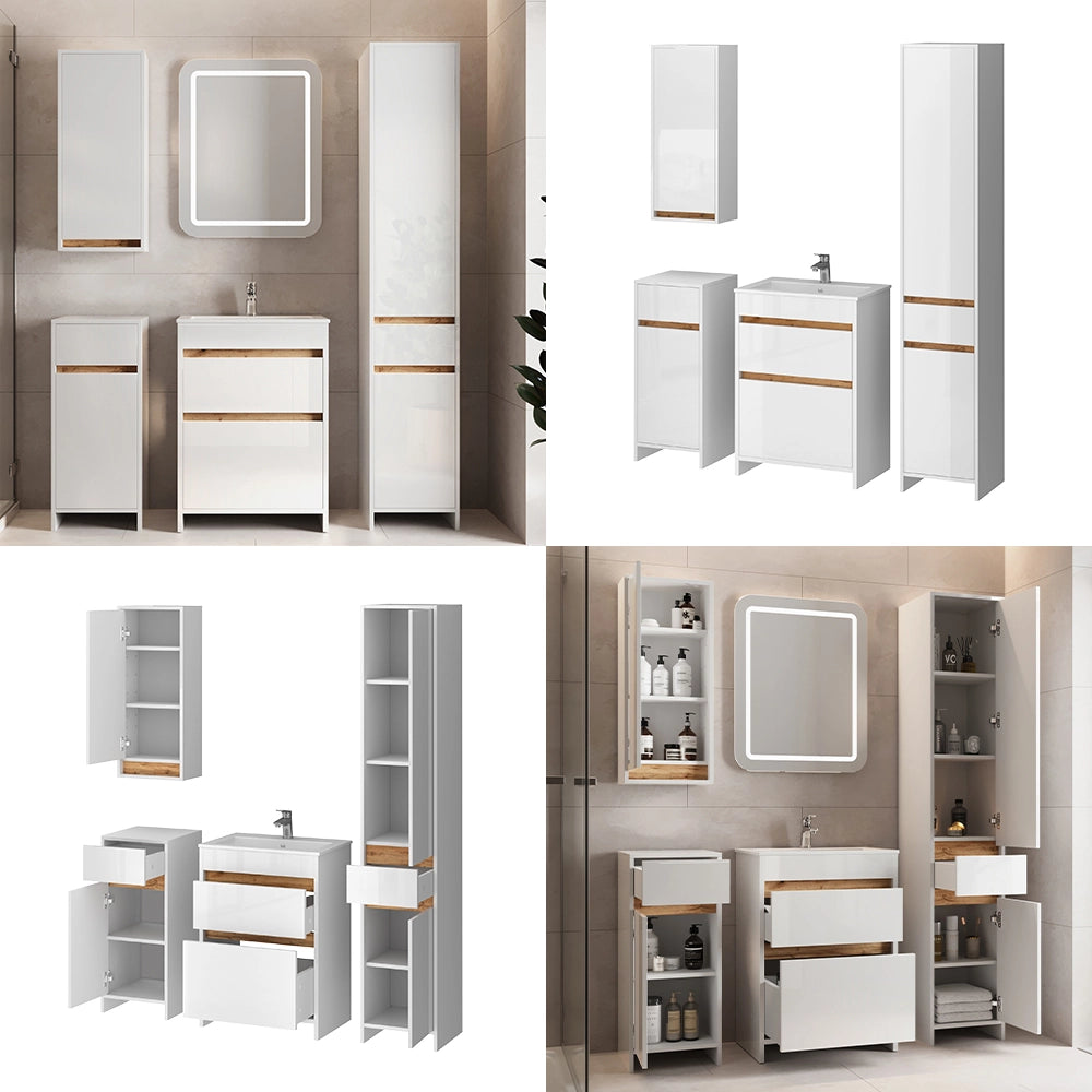 Vicco Set mobili bagno Bianco lucido/oro power oak 5 parti