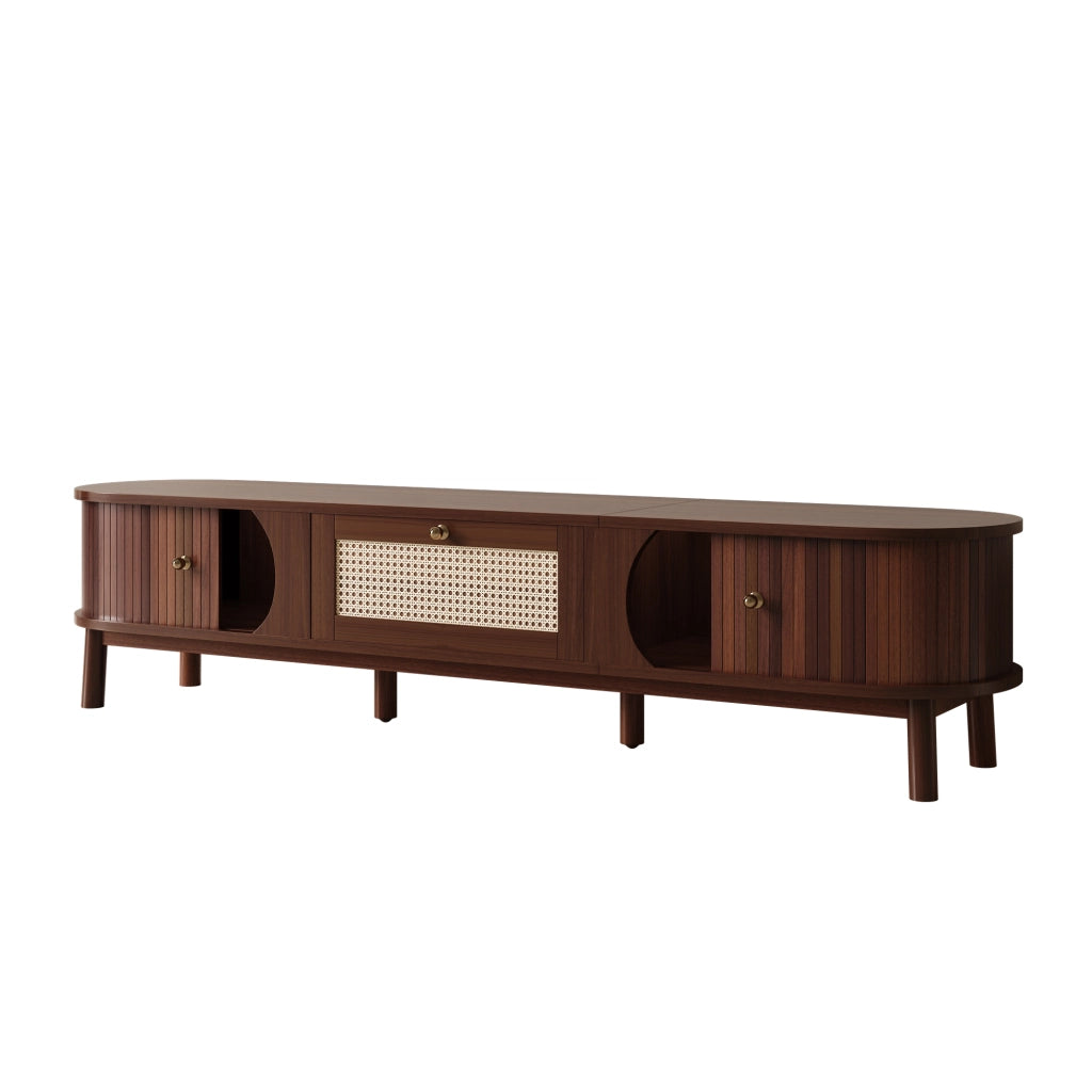 Mobile TV 170x38x39.5 cm; ante scorrevoli e cassetti; truciolare e rattan naturale
