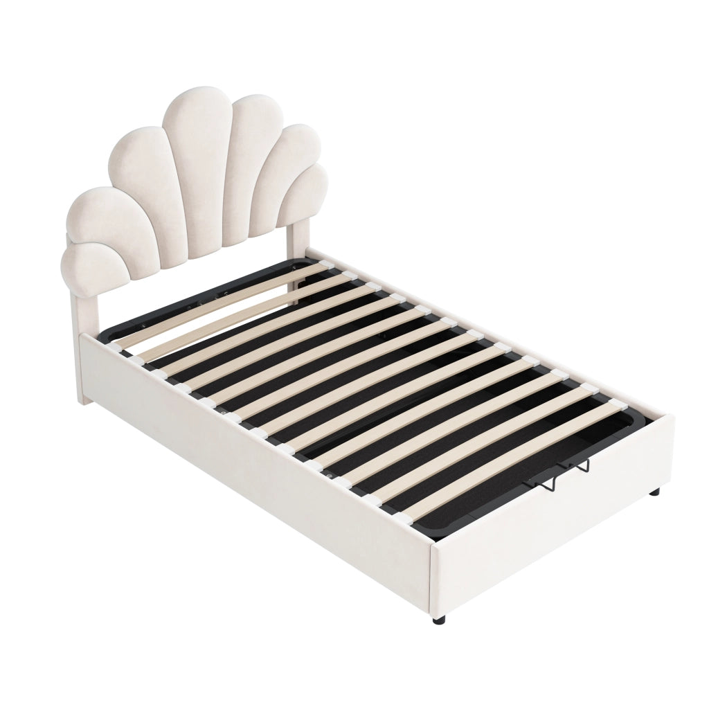 Letti contenitori 90x200 cm; contenitore idraulico; velluto; beige (Senza materasso)