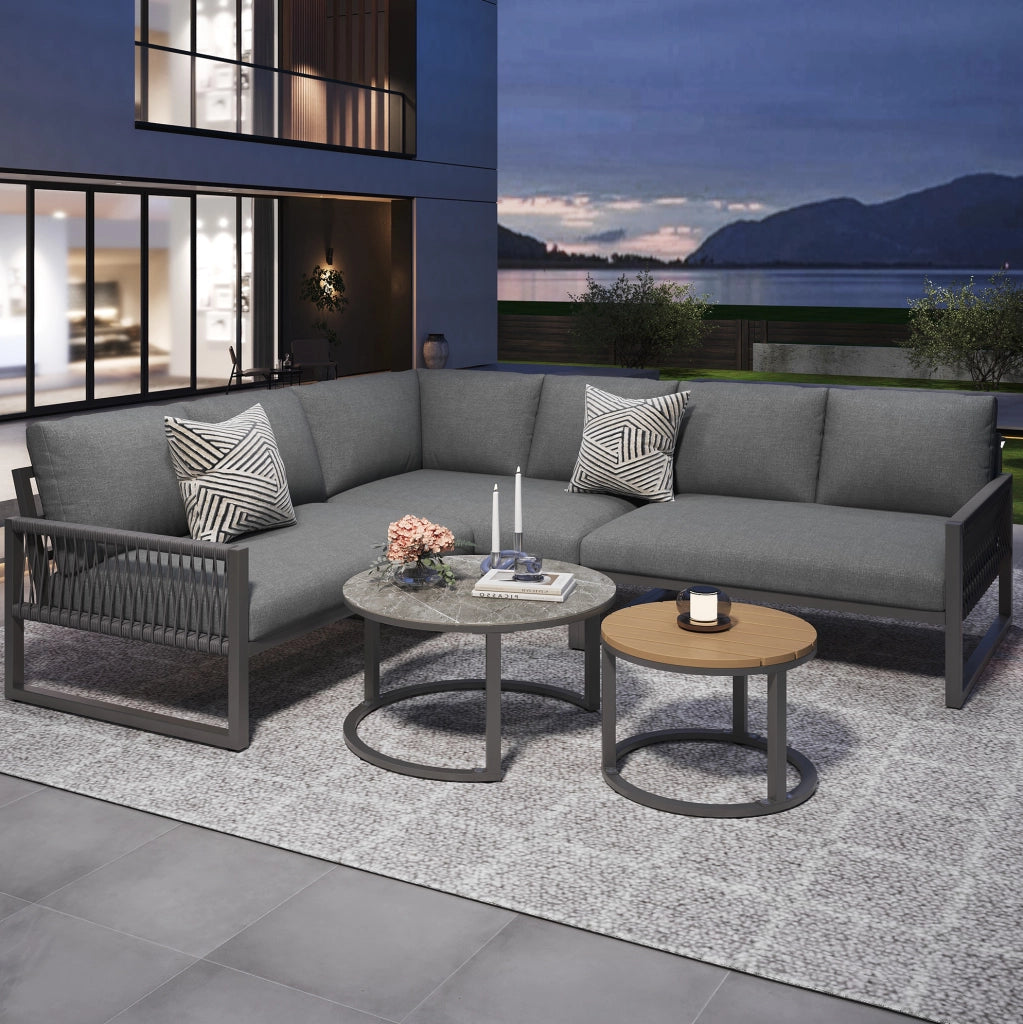 Set salotto da giardino ad angolo con 2 tavolini; grigio