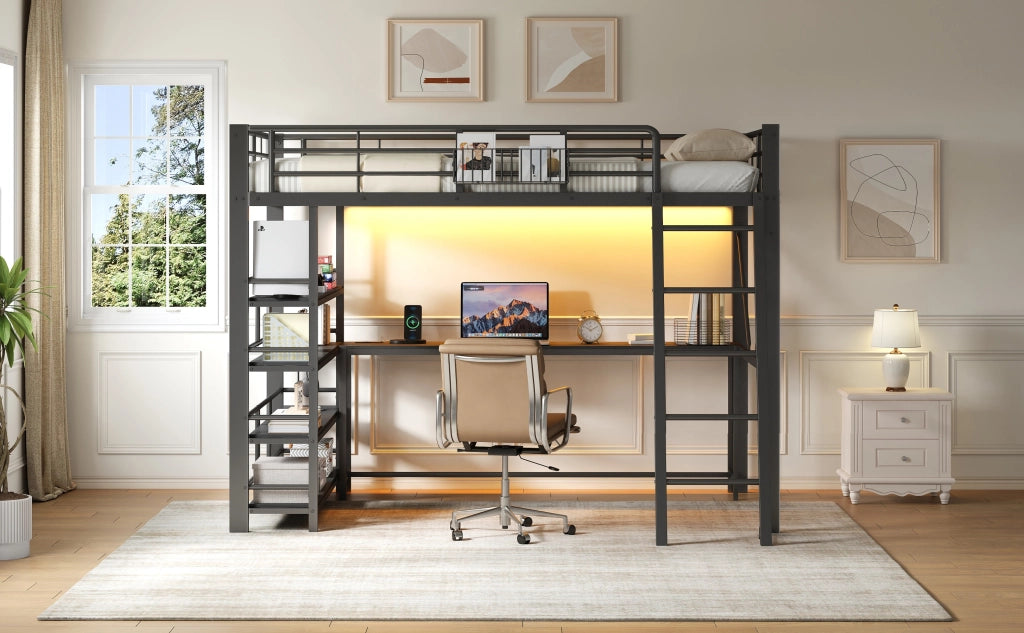 Letto a soppalco 140 × 200 cm con scrivania, ripiani, cesto portaoggetti, USB et LED, senza materasso, nero
