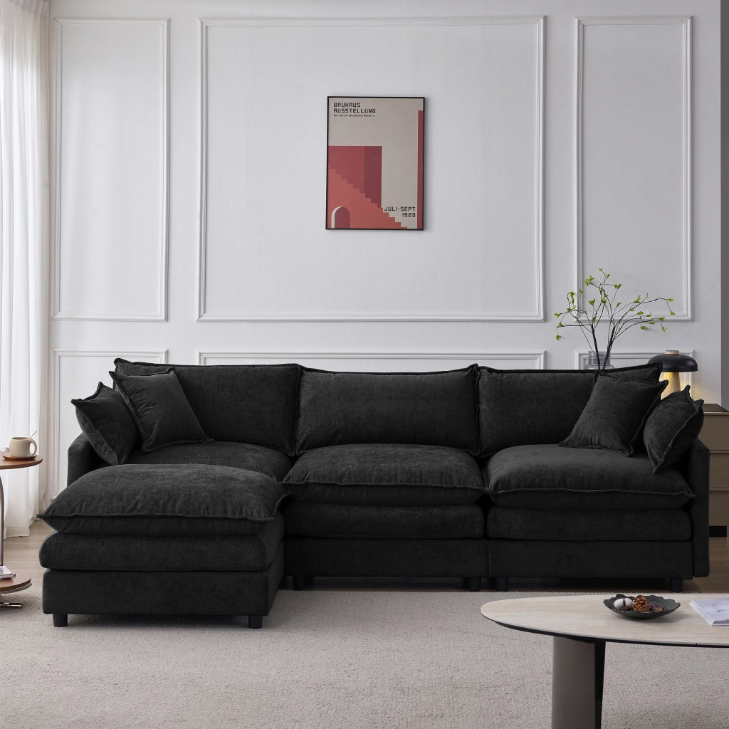 Divano angolare modulare 3 posti con pouf mobile chaise longue e rivestimento sfoderabile in chenille nero
