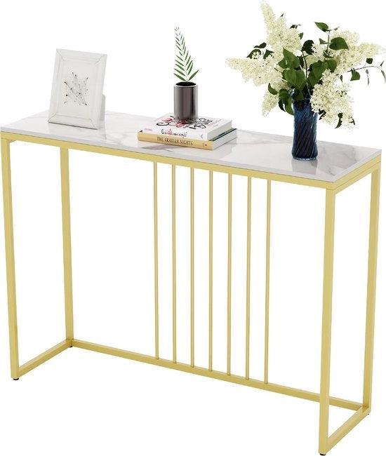 Console da soggiorno - Tavolo da parete - Tavolo per angolo - Console - Scrivania da parete - Tavolo per bar - Tavolo da appendere - Tavolo da bar - Superficie in marmo bianco - Cornice in oro - 100 x 300 x 78.5cm