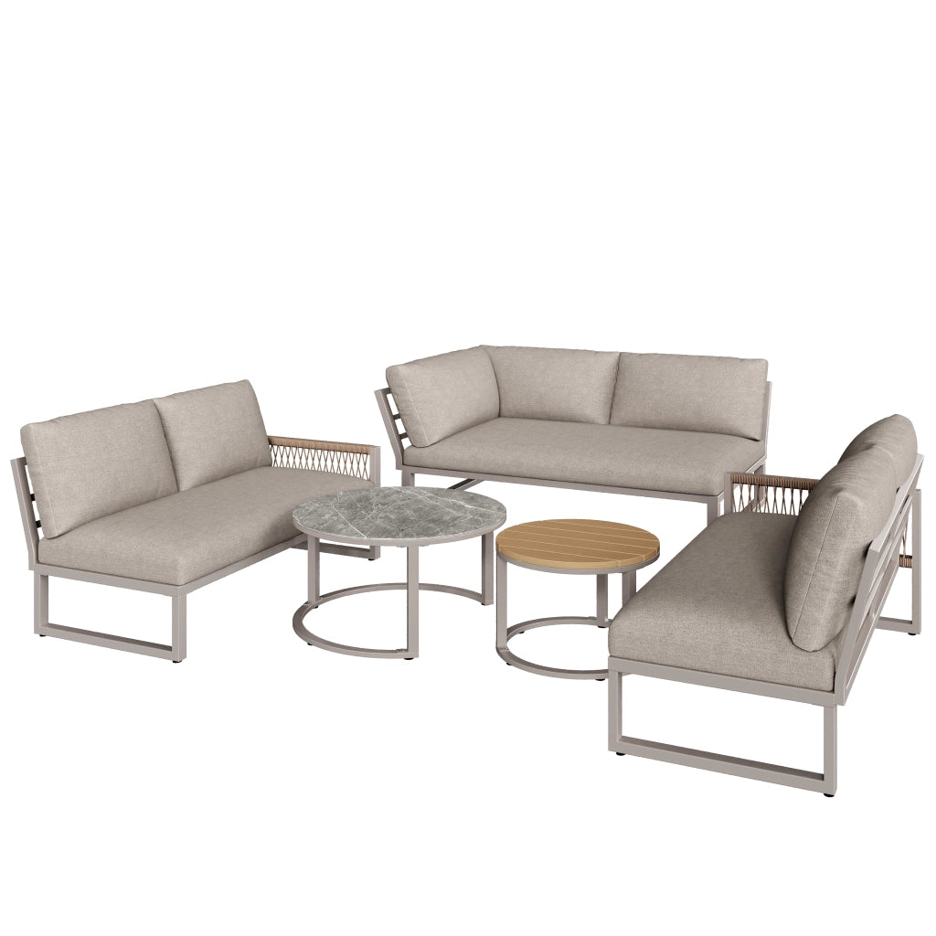 Set giardino 6-7 persone: Divanooo angolare; ferro zincato; piedini regolabili; cuscini inclusi; beige