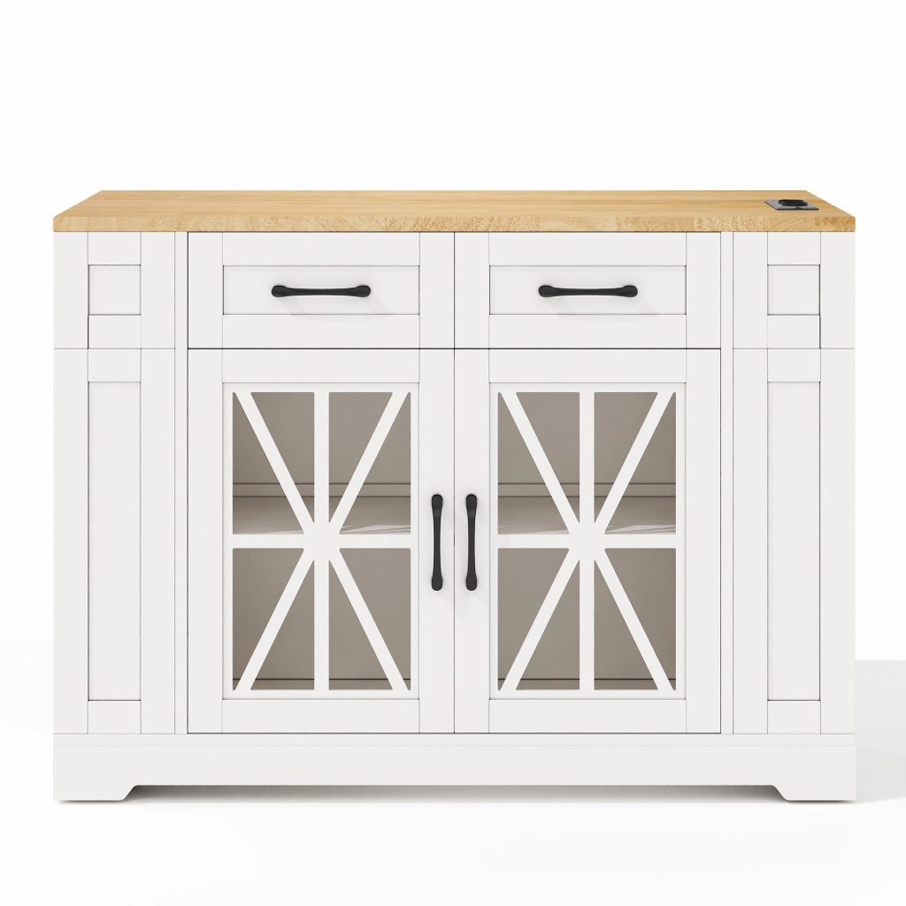 Carrello isola cucina con piano ribaltabile, 2 prese AC, 2 USB, ante in vetro e ruote frenanti