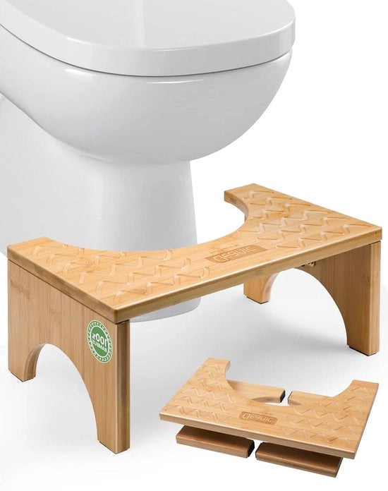 Sedia per bagno in bambù naturale del 100% - altezza 18 cm - supporti antiscivolo - pieghevole - per adulti - bagno - sedile per il water - evacuazione - ostruzione - stitichezza