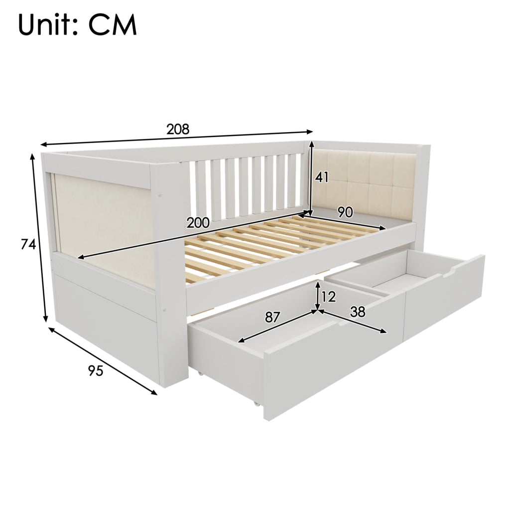 Letto da giorno 90x200 cm con 2 cassetti; bianco; in pino e compensato