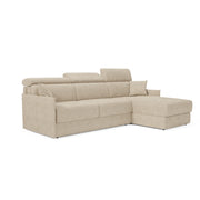 Miryam divano letto angolare compatto - poggiatesta reclinabili e penisola contenitore in tessuto smacchiabile T31 252 cm destro beige